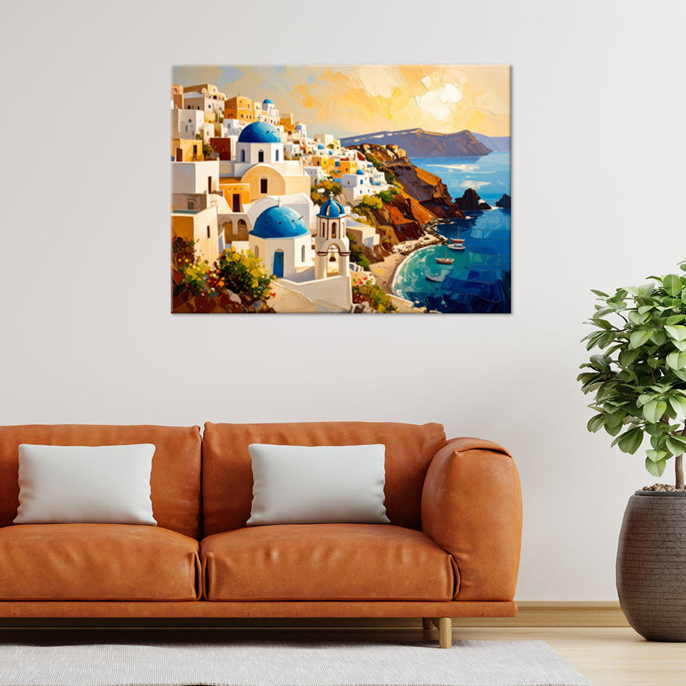 LEINWANDBILD Santorini Griechenland Gemaltes Landschaftsbild 100x70cm - Beige, Textil (100/70cm) - Feeby