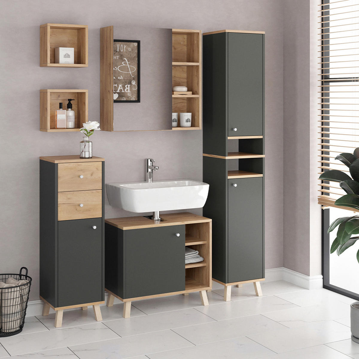 BADSCHRANK Senyo Goldkraft Eiche 25 x 25 cm 2er Set - Eiche Wotan/Sonoma Eiche, Holzwerkstoff (25/25/15cm) - Vicco