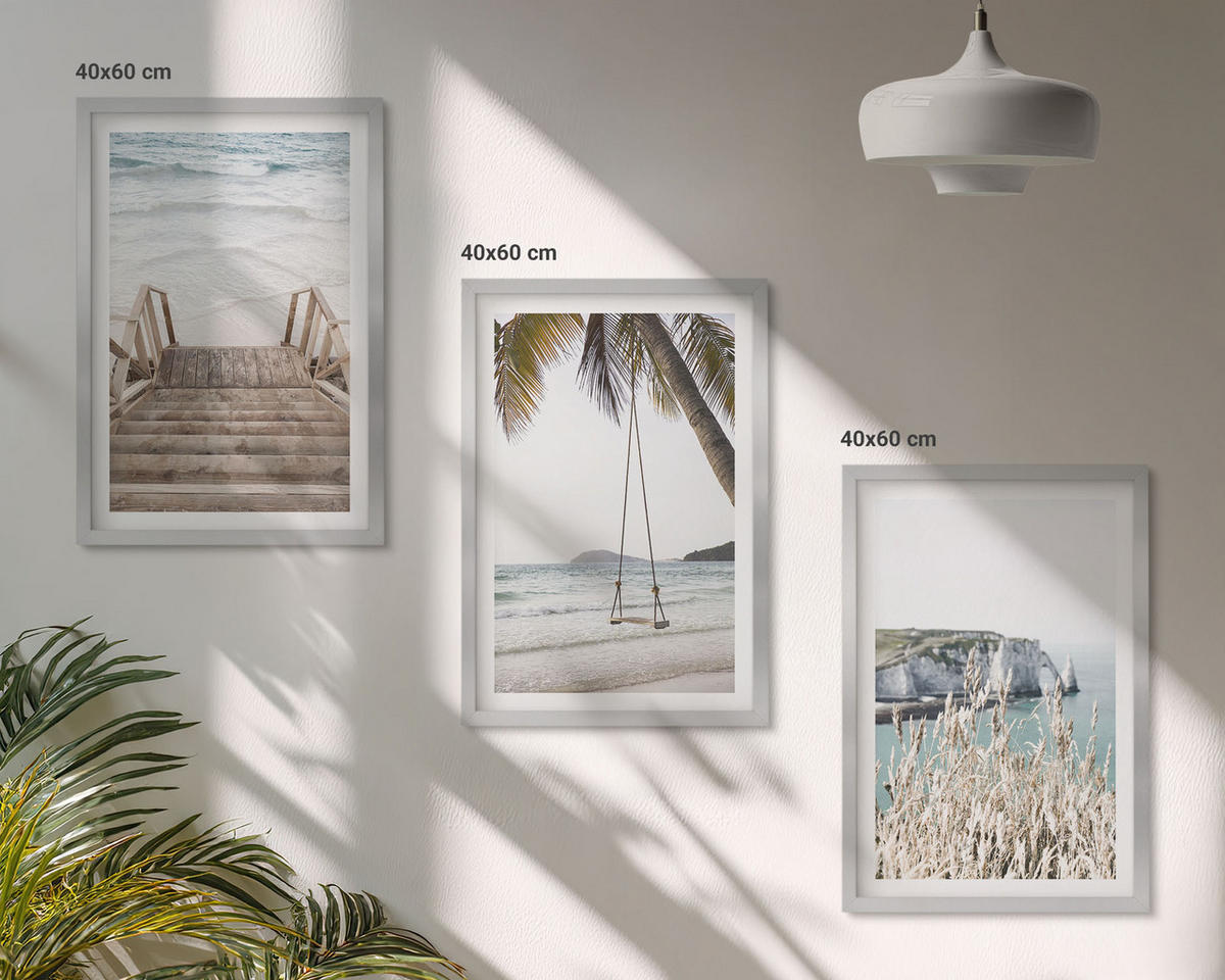 WANDBILDER 3er Set - 40x60 cm Silberner Rahmen - Strandtreppe aus Holz, Schaukel - Silberfarben, Kunststoff (40/60cm) - ArtPrintCave