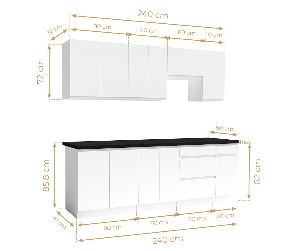 KÜCHENLEERBLOCK Aquileia 240 cm Weiß Matt mit Arbeitsplatte Vulkanisch Schwarz - Schwarz/Weiß, Holzwerkstoff (240/157.8/60cm) - AX Living
