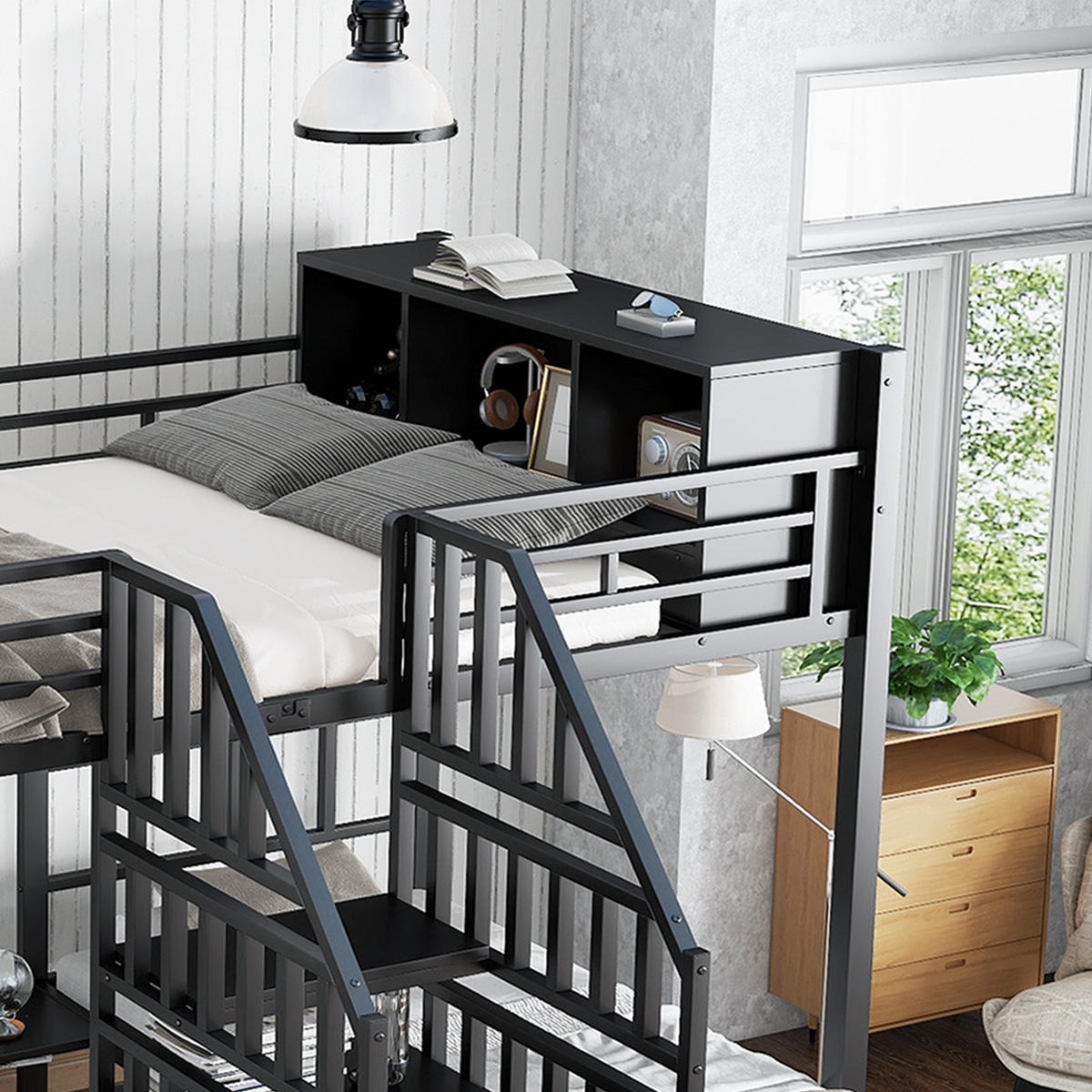 ETAGENBETT 90/200 cm & 140/200 cm in Schwarz mit Stauraum und Treppe - Schwarz, Metall (140/200cm) - CHICFURN