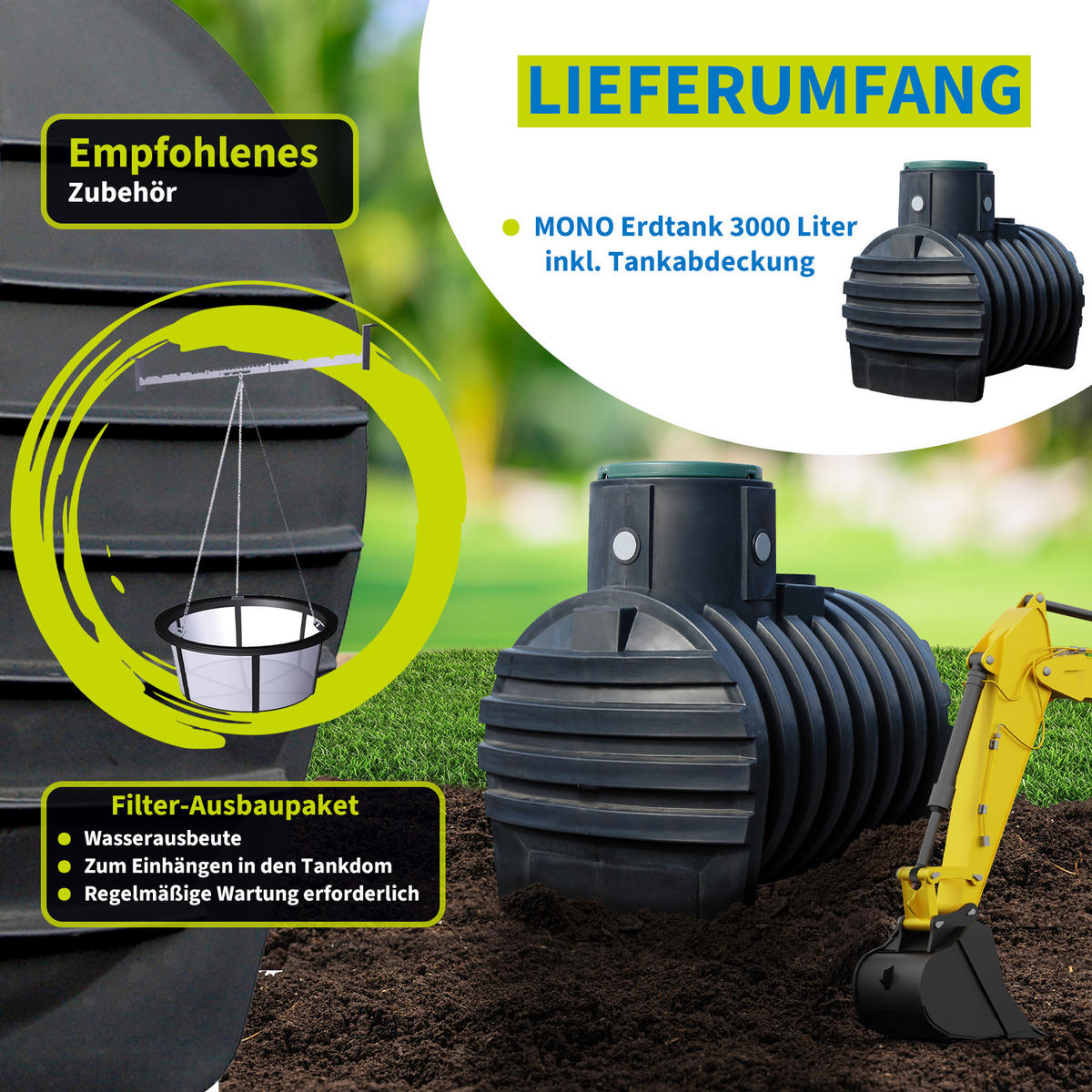 ERDTANK 3000 L inkl. Tankabdeckung - Schwarz, Kunststoff (140/190/235cm) - 4rain