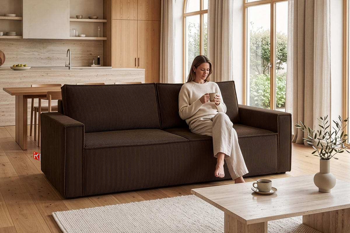 SCHLAFSOFA NAPI in Pet Friendly Cord-Stoff, dunkelbraun - Dunkelbraun/Schwarz, Textil (228/89/101cm) - KONSIMO®