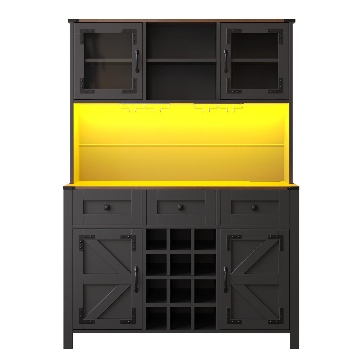 GESCHIRRSCHRANK aus MDF & Glas 120x40x170 cm in Schwarz mit LED & Steckdosenleiste - Schwarz, Holzwerkstoff (120/170/40cm) - Modfu