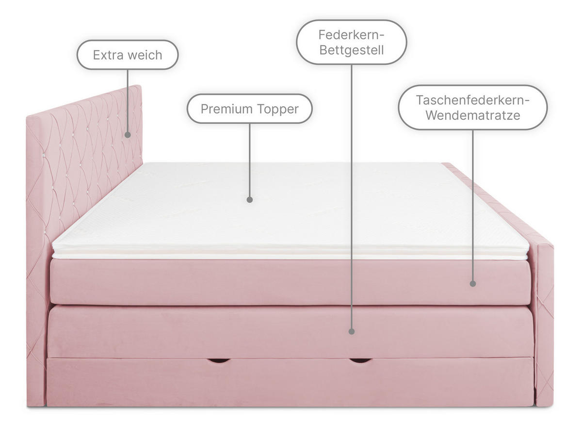 BOXSPRINGBETT Dubai Rosa 160 /200 cm H3/H4 Samt - Rosa, Textil (160/200cm) - wonello