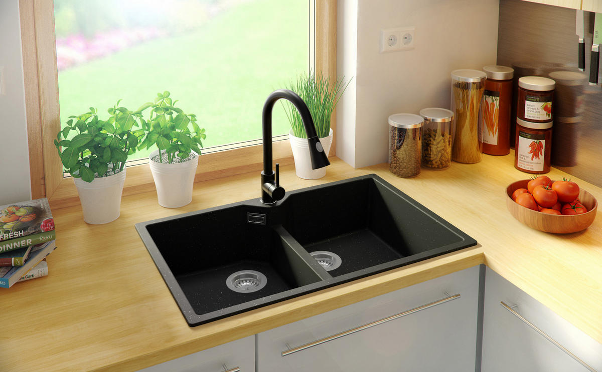 SPÜLBECKEN Madrid Twin, 2-er set Schwarz Metallic 78/50 cm 2 Becken + Ablauf-Set ab 80er Unterschrank - Chromfarben/Schwarz Hochglanz, Kunststoff (78/19/50cm) - Primagran