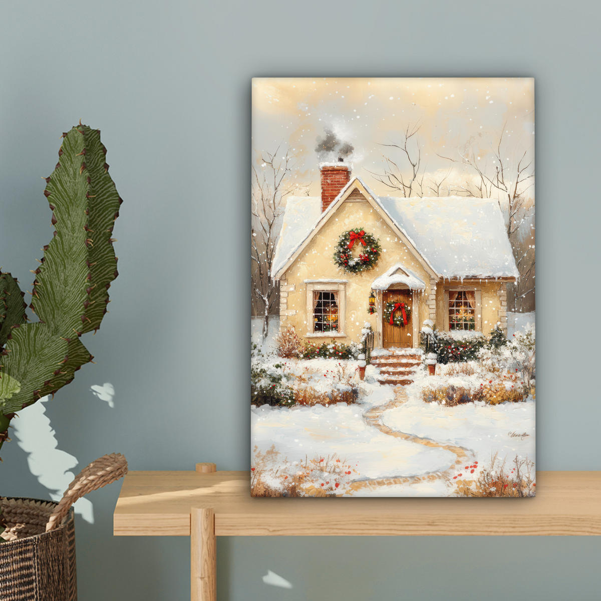 LEINWANDBILD Weihnachten - Zuhause - Winter - Schnee Deko Wohnzimmer 20x30 cm - Creme, Textil (20/30cm) - MuchoWow