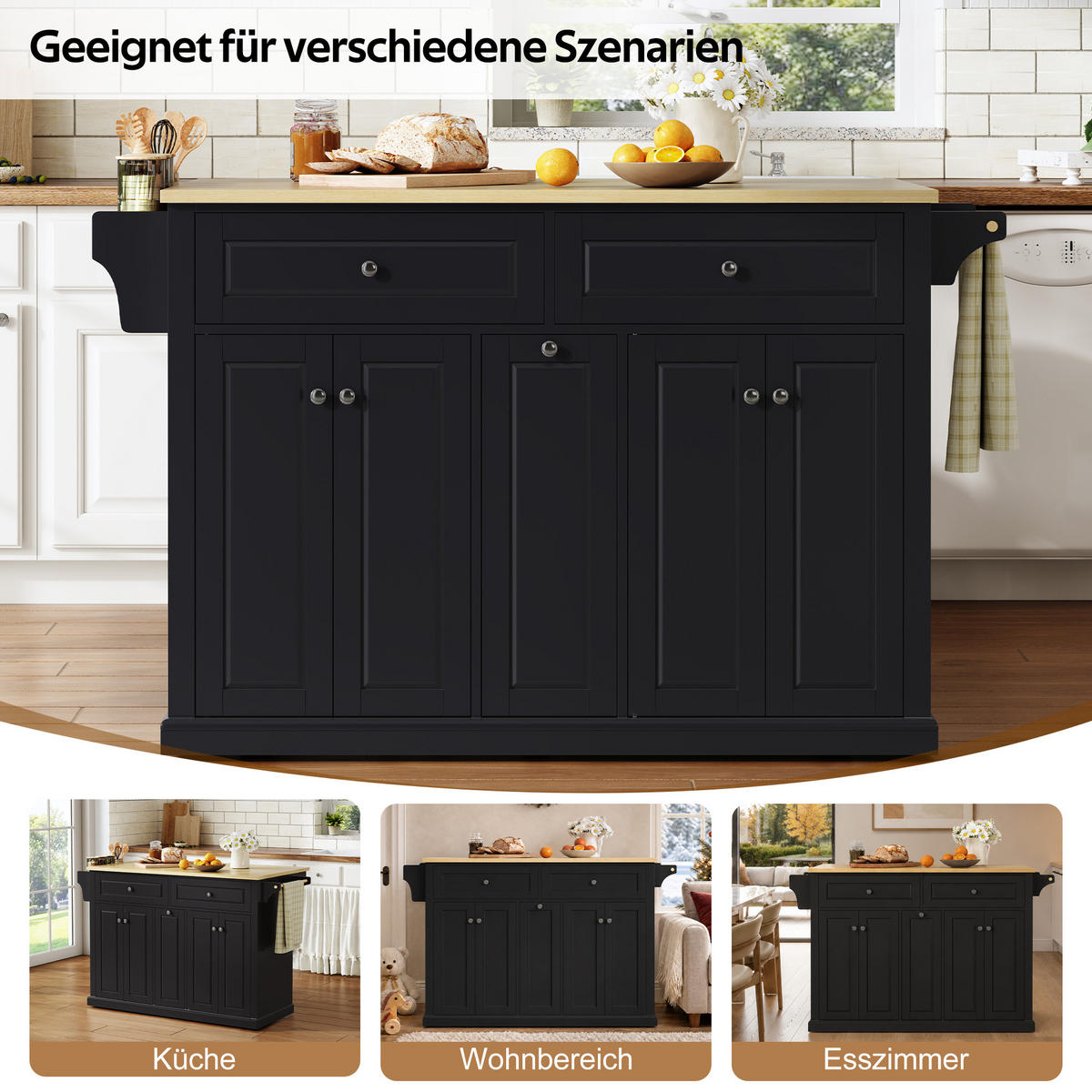 KÜCHENINSEL 121/49/89 cm Schwarz mit klappbarer Arbeitsplatte, 3 Schubladen und feststellbaren Rollen - Schwarz, Holz/Holzwerkstoff (69/89/121cm) - Oxeza