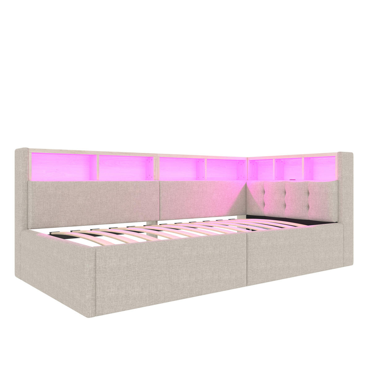 KREVET 90/200 cm s USB i Typ-C priključcima, LED osvjetljenjem i hidrauličnim spremištem, Bež - bež, tekstil (90/200cm) - Redom