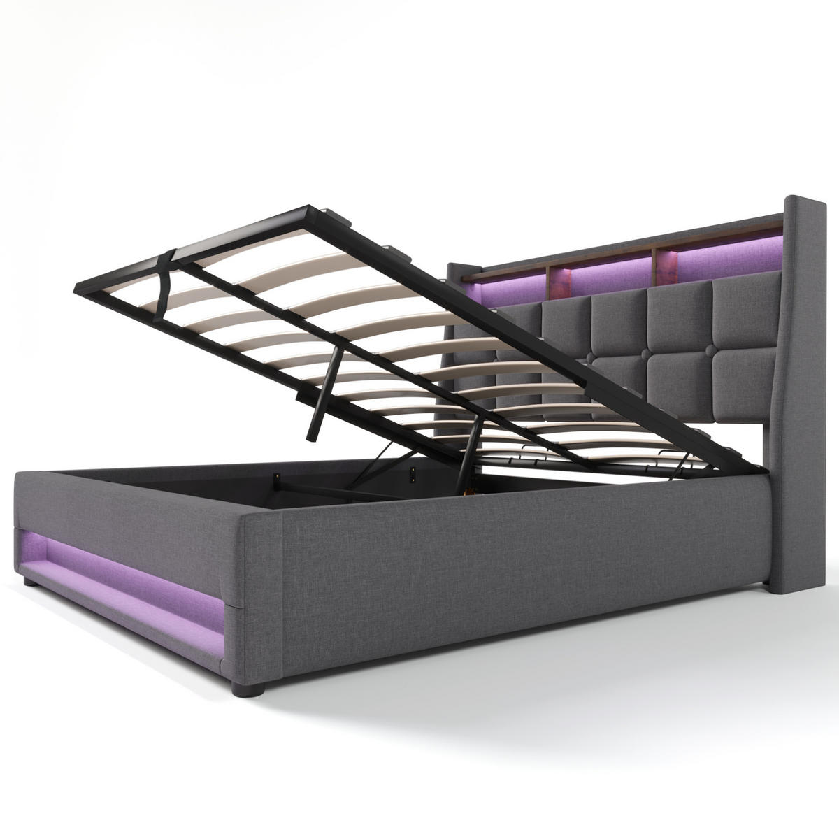 POLSTERBETT mit Stauraum, USB und LED 180x200 cm Leinen Grau - Grau, Metall (180/200cm) - Meubliv