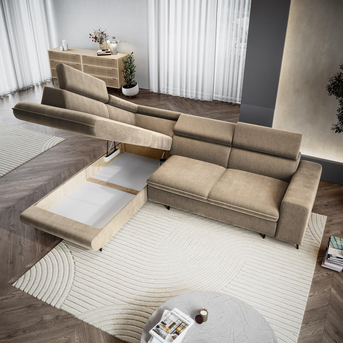 ECKSOFA VELISS Beige Veloursstoff mit Schlaffunktion - Beige, Holz (255/193cm) - MASSENO