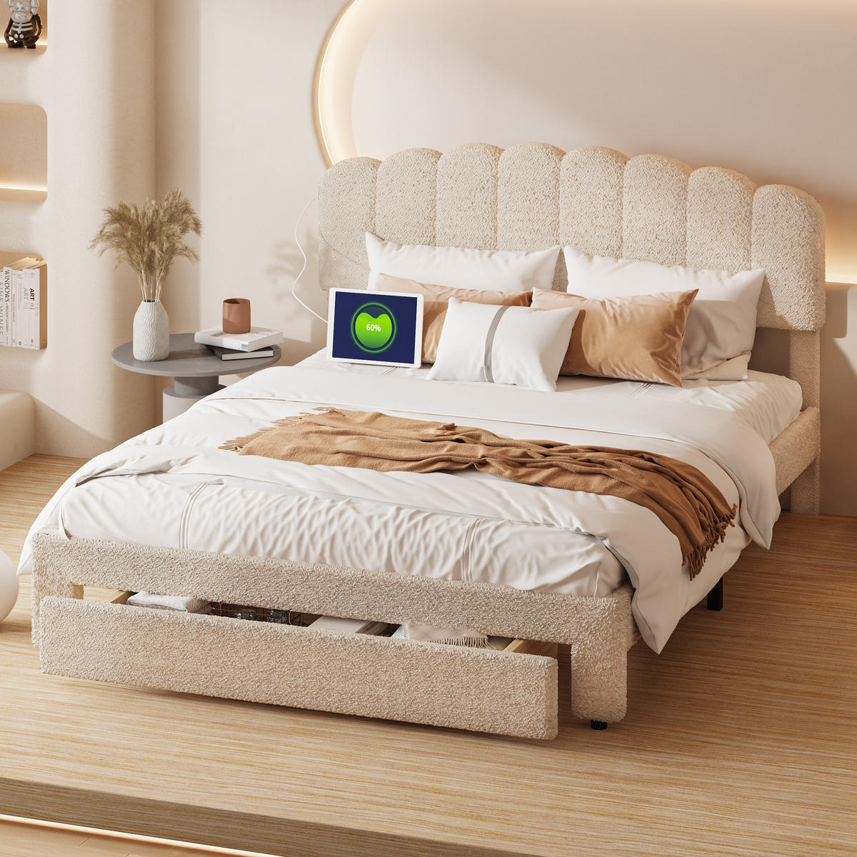 POLSTERBETT 160x200 cm Doppelbett, 1 Stauraumschublade am Fußende, USB & Typ-C-Anschlüsse, Teddy-Stoff in Beige - Beige, Holz (160/200cm) - BRILVERDE