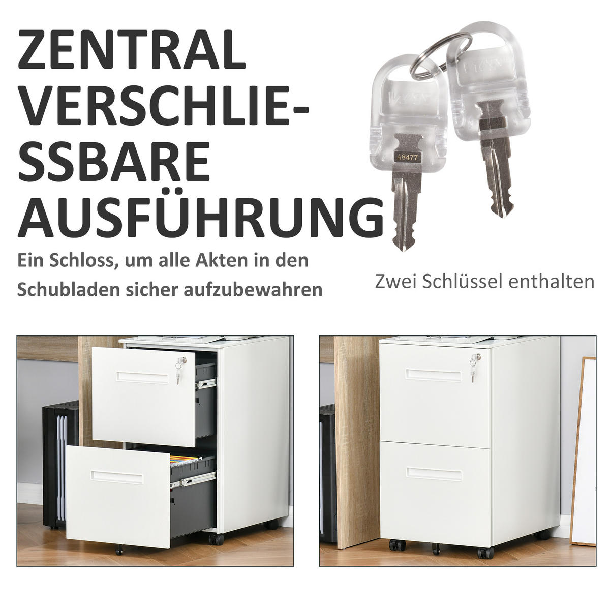 AKTENSCHRANK mit 2 Schubladen, Rollen, für Akten im A4 Format, Stahl, Weiß - Weiß, Metall (48/67/39cm) - Vinsetto