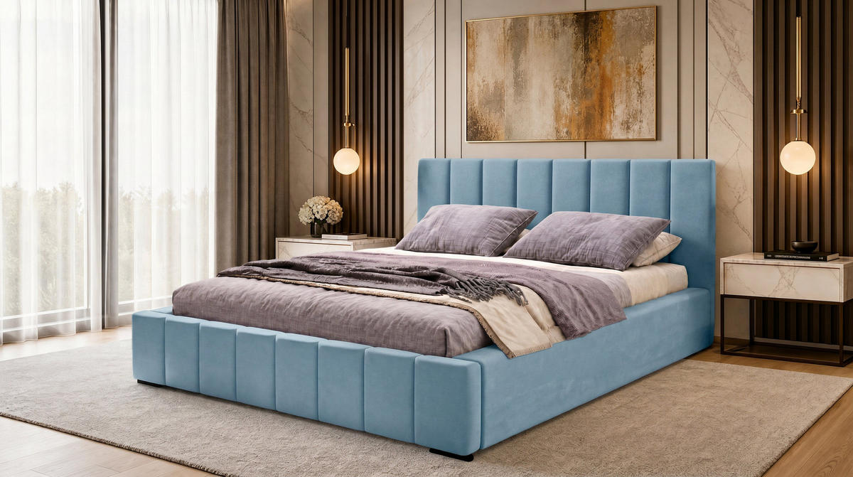 MARPUR Polsterbett NERO 180x200 cm mit Bettkasten und Lattenrost, Hellblau - Chromfarben/Hellblau, Holz/Holzwerkstoff (180/200cm) - Marpur