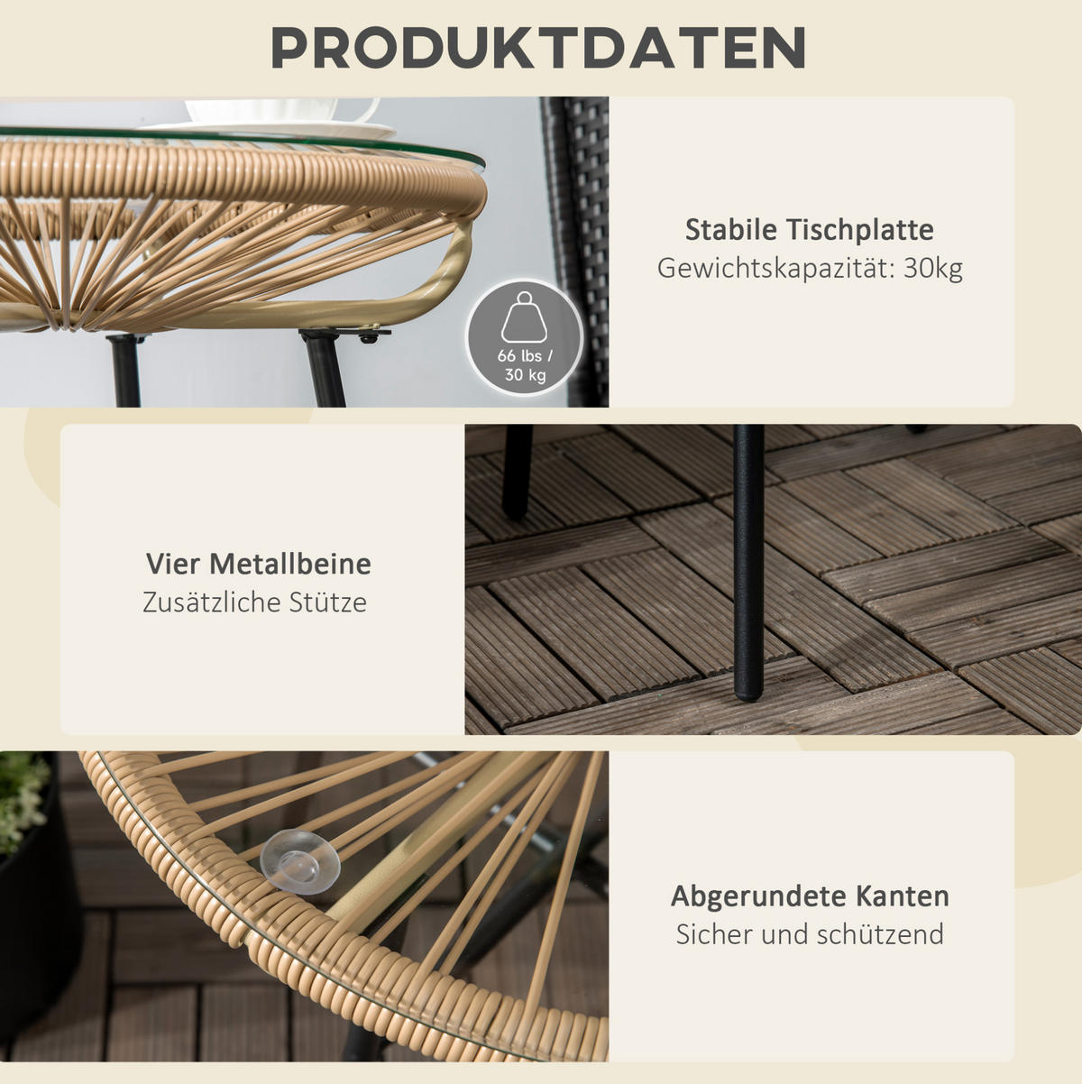 LOUNGETISCH 50/50/50 cm Beige aus Rattan mit Glastischplatte - Beige, Glas (50/50/50cm) - OKMYHOME