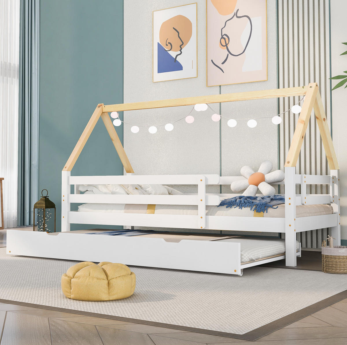 KINDERBETT aus Massivholz 90x200 cm in Weiß/Natur mit Ausziehbett - Weiß, Holz (90/200cm) - Modfu