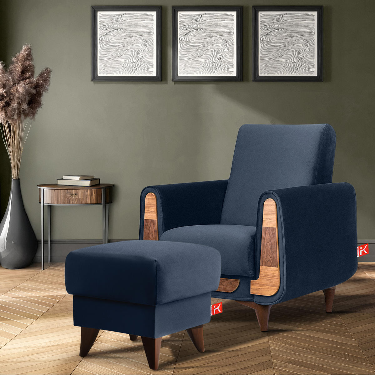 HOCKER GUSTAVO Fußstütze, Velours, Dunkelblau - Dunkelblau, Holz/Holzwerkstoff (53/49/53cm) - KONSIMO®