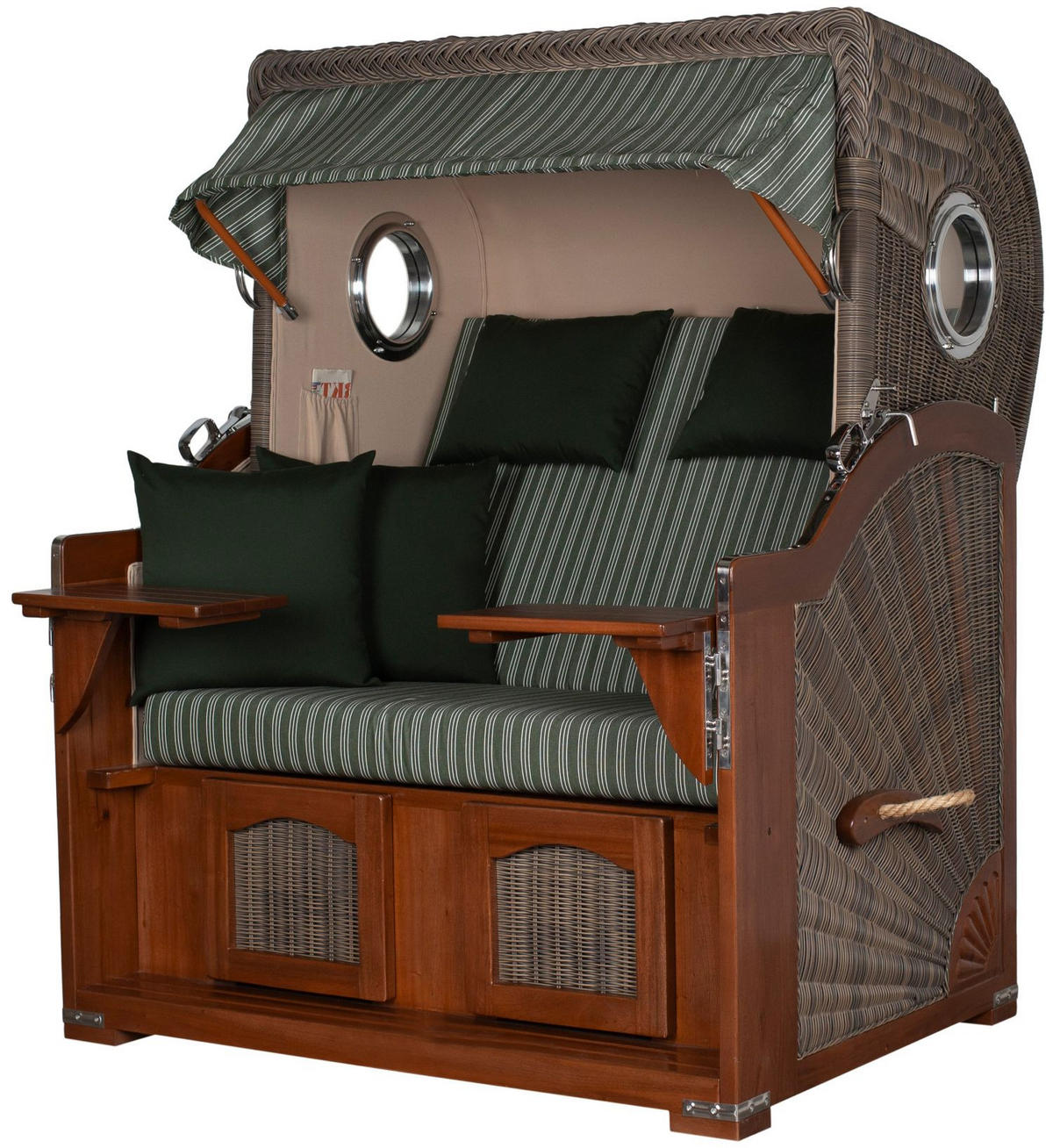 STRANDKORB Komplettset: Ammersee Mahagoni Bullauge - PE grau - Modell 504 - Grau/Grün, Holz/Kunststoff (125/165/80cm) - bene living