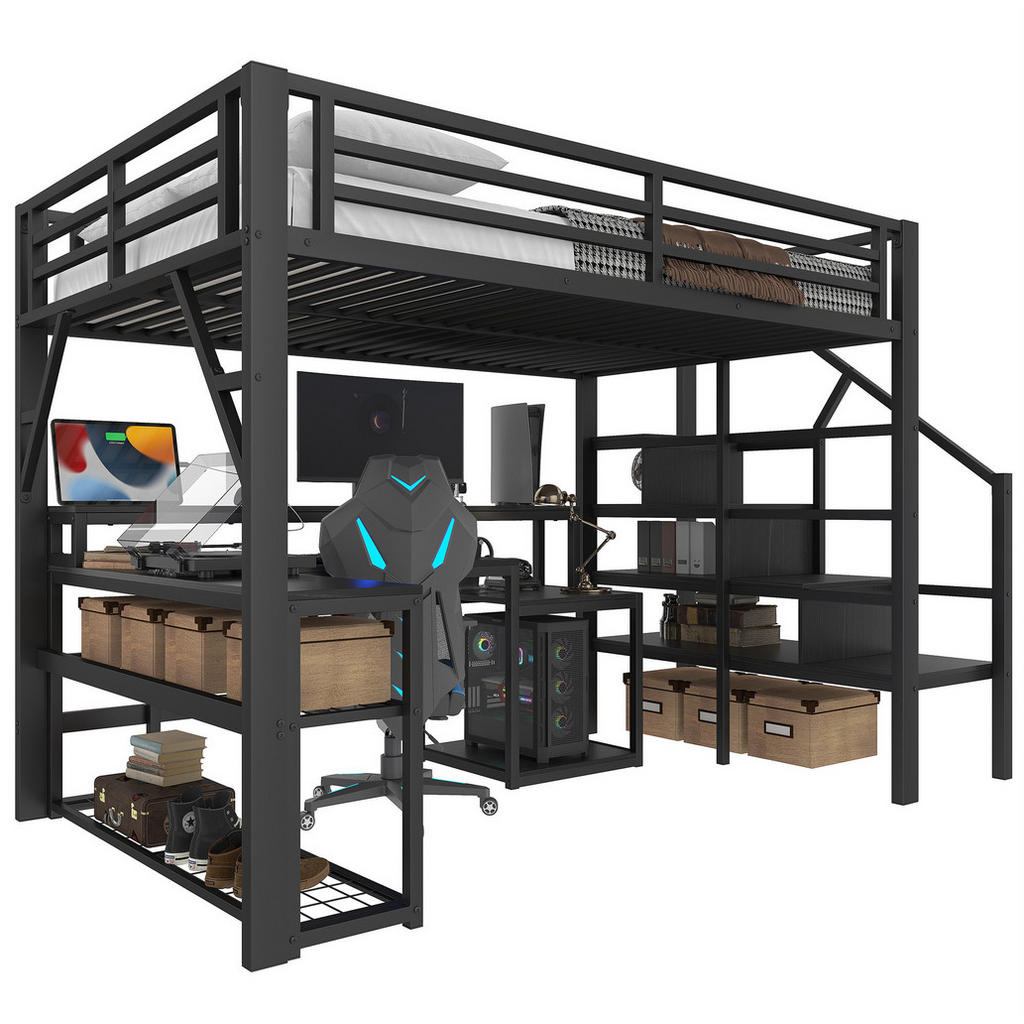 Redom VYSOKÁ postel 140/200 cm s LED osvětlením, USB portem, pracovním stolem a úložným prostorem, Černá