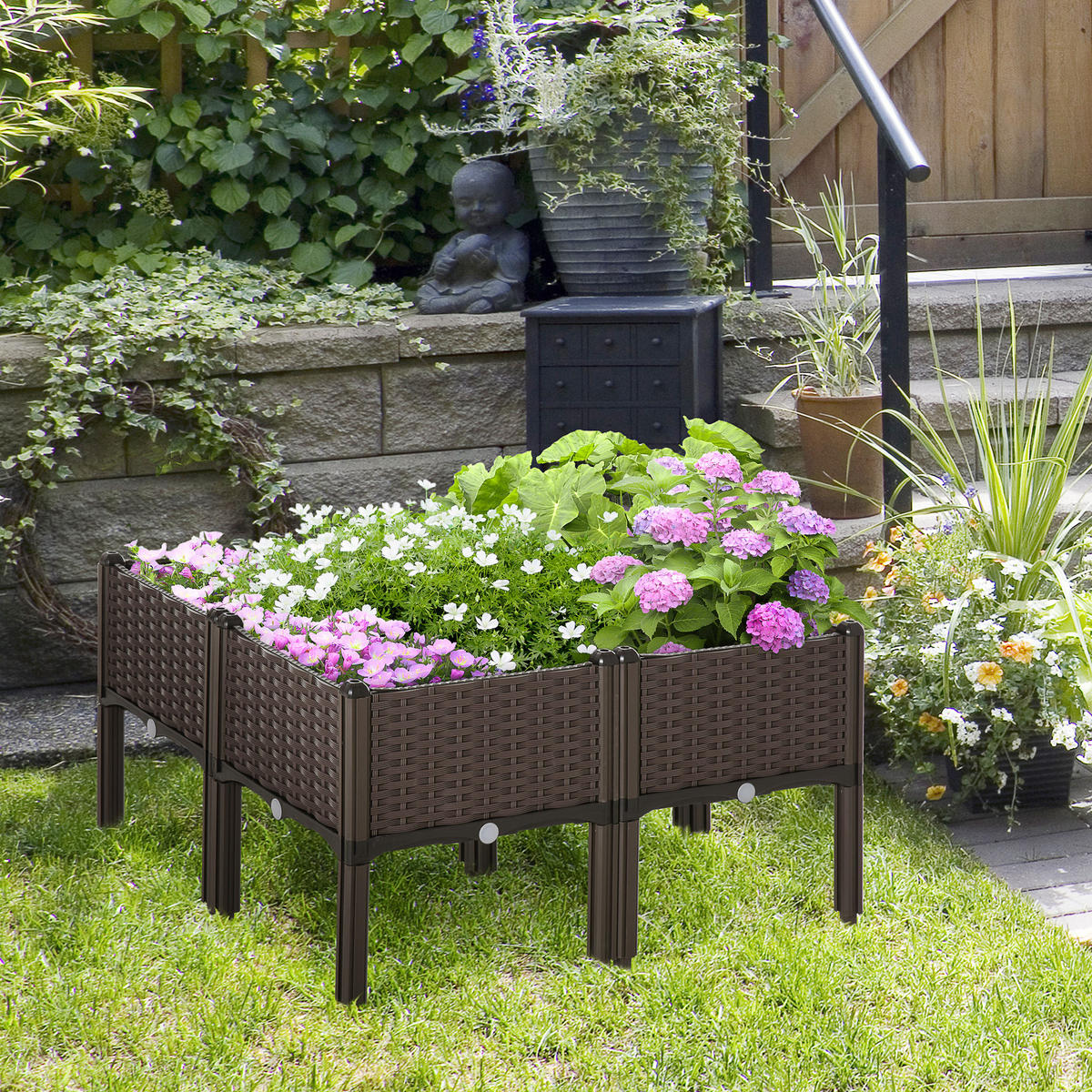 HOCHBEET, 4-tlg. Pflanzkasten mit Abflusslöchern, Rattan-Look, Blumenkasten, DIY, Braun, 40 x 40 x 45 cm - Dunkelbraun, Kunststoff (40/44/40cm) - Outsunny