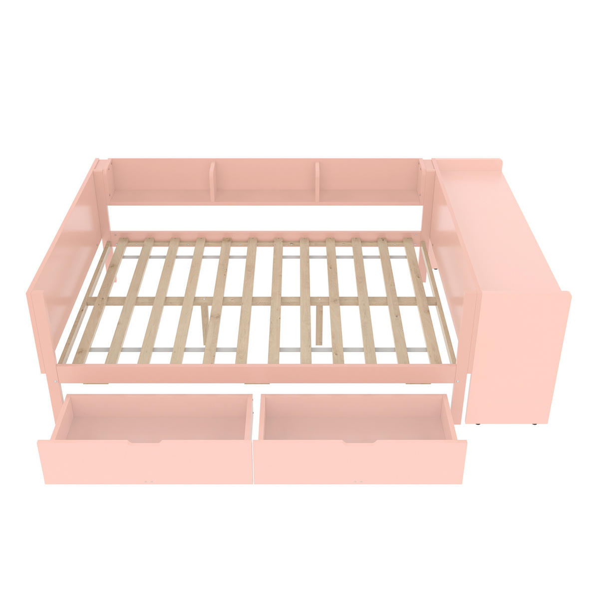 BETT 140/200 cm mit Schreibtisch, 2 Schubladen und 3 Regalen aus Kiefern und Spanplatte, Weiß/Rosa - Rosa, Holzwerkstoff (140/200cm) - Redom