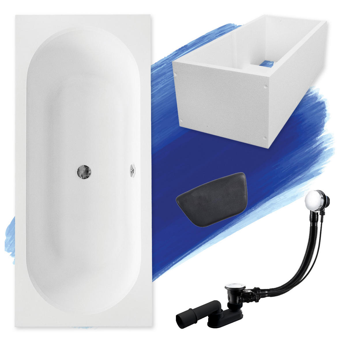BADEWANNE Rechteck VITAE 170/75 + Träger + Kopfstütze Ablauf Füße - Weiß, Kunststoff (75/55.5/170cm) - bad land