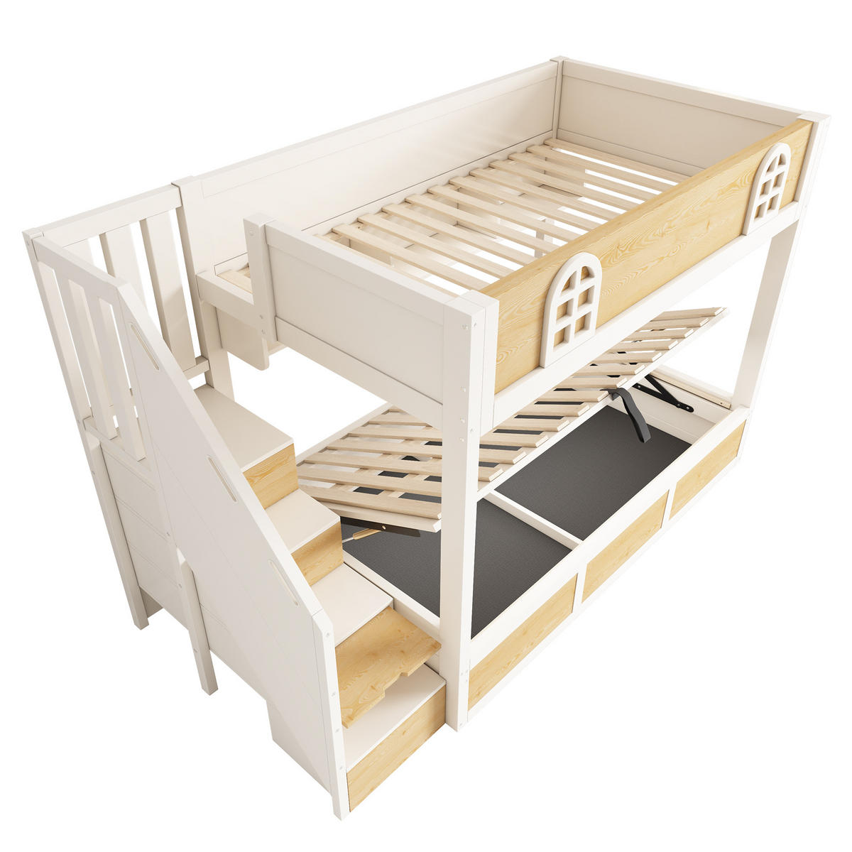 ETAGENBETT 90/200 cm Weiß und Natur aus Metall mit Treppenschrank - Naturfarben, Holzwerkstoff (90/200cm) - OKWISH