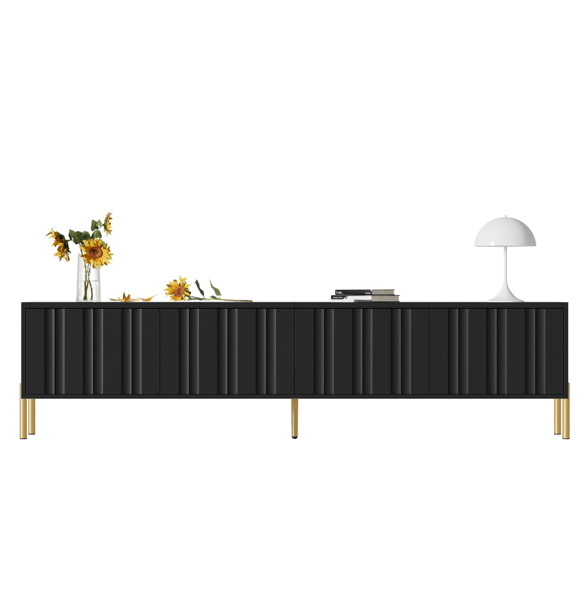 Modfu TV stolek z MDF a dřevotřísky 190x38x48 cm černý se 4 dvířky, tlumenými panty a zlatými nohami