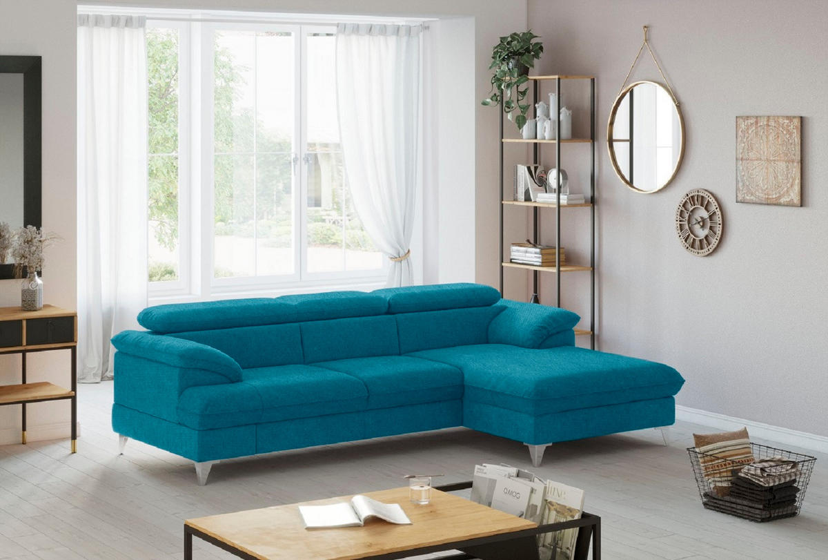ECKSOFA mit Schlaffunktion und Bettkasten, verstellbare Kopfstützen - Chromfarben/Blau, Textil/Metall (167/254cm) - Cotta