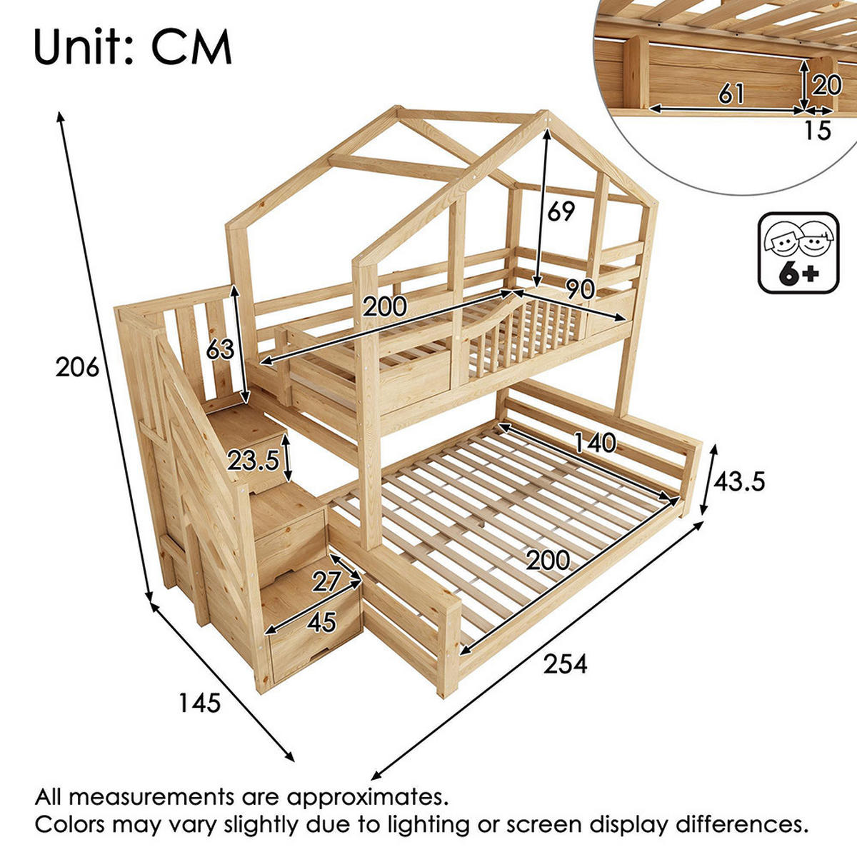 HAUSBETT 90x200 oben 140x200 unten mit Treppenschrank in Hell Natürlich - Naturfarben, Holz (140/200cm) - KOMHTOM