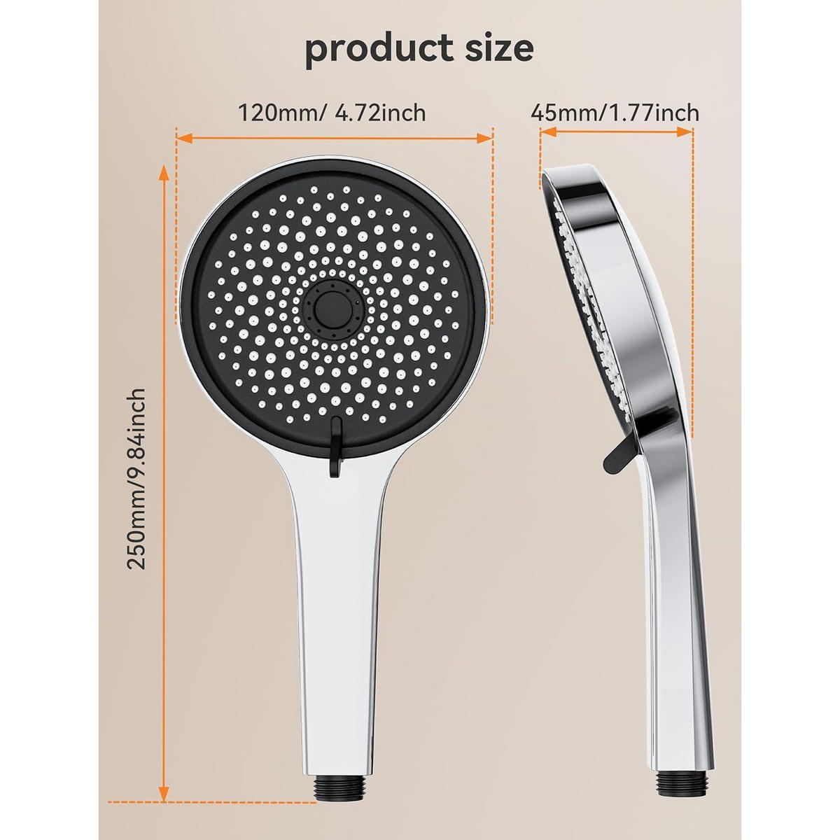 HANDBRAUSE Set mit 6 Strahlarten und 150 cm Schlauch - Silberfarben, Metall (10/12.7/24cm)