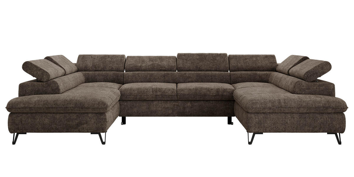 WOHNLANDSCHAFT PABLO U Schenille grob gewebt Braun mit Topper T25 - Schwarz/Braun, Textil/Metall (346/76/208cm) - MKS