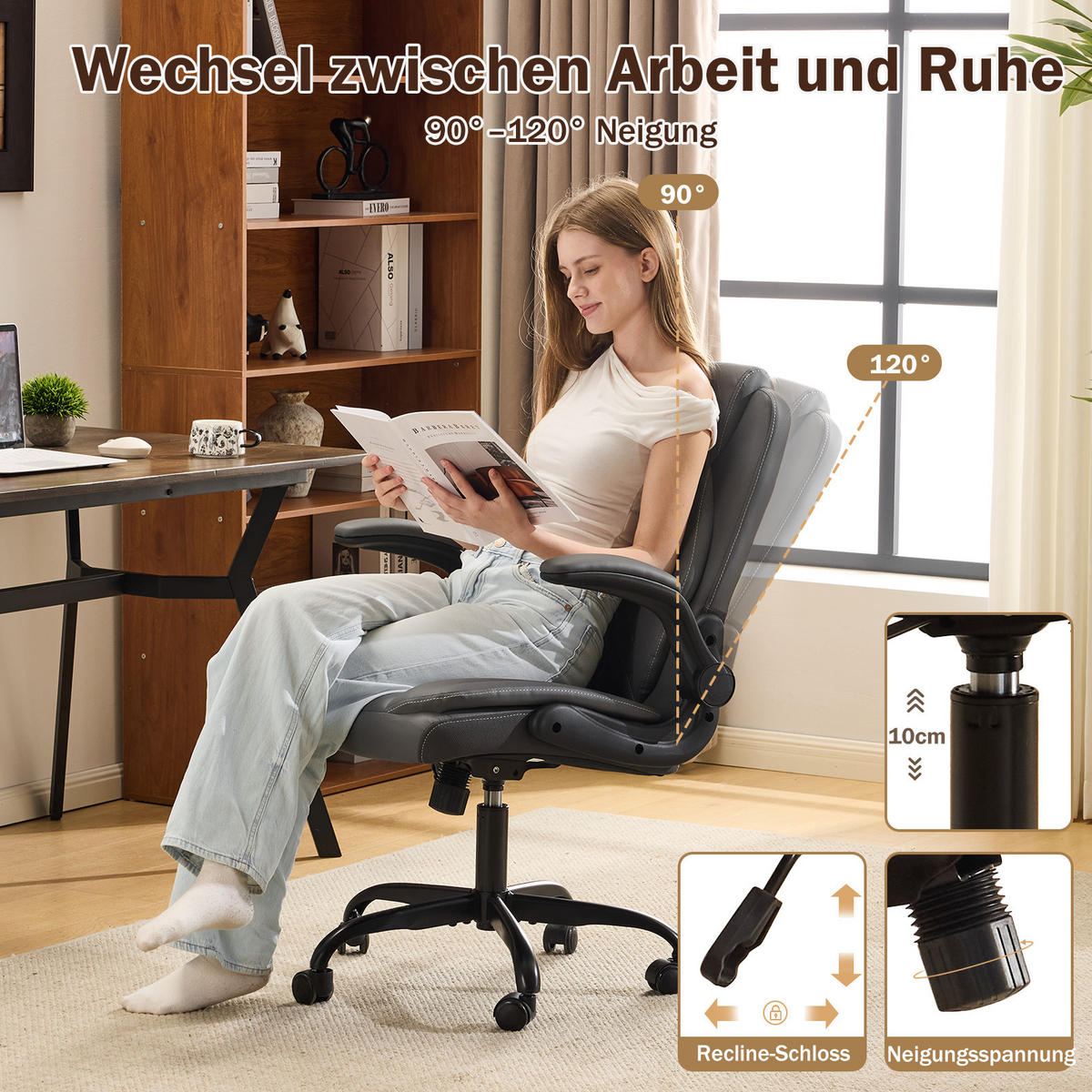 CHEFSESSEL DE-41049 mit Flip-up-Armlehnen und Lendenstütze Grau - Grau, Metall (64/102/64cm) - ComfortXL