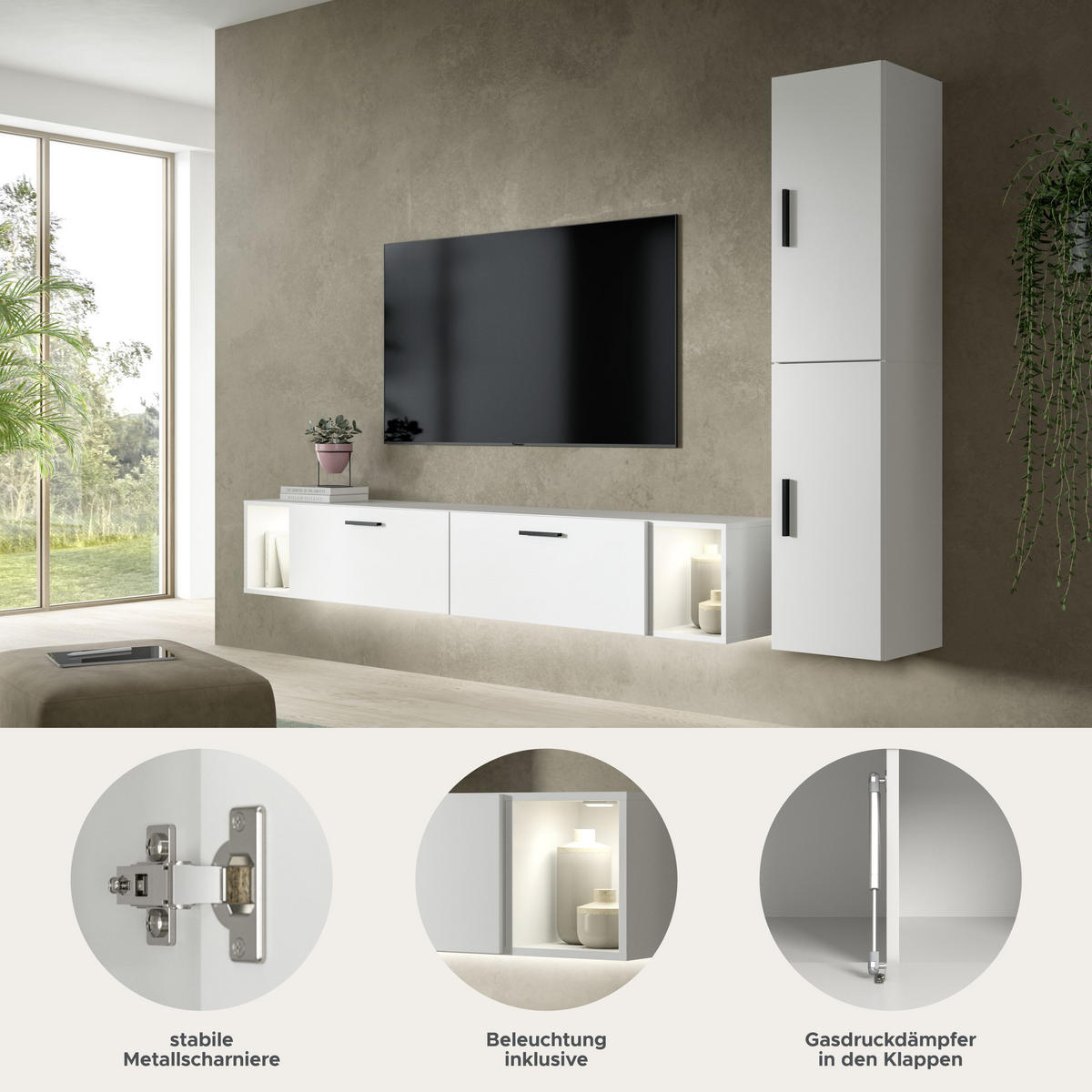 WOHNWAND INKL BELEUCHTUNG The One weiß 259/34/182 cm - Weiß, Holzwerkstoff (259/182/34cm) - Xonox