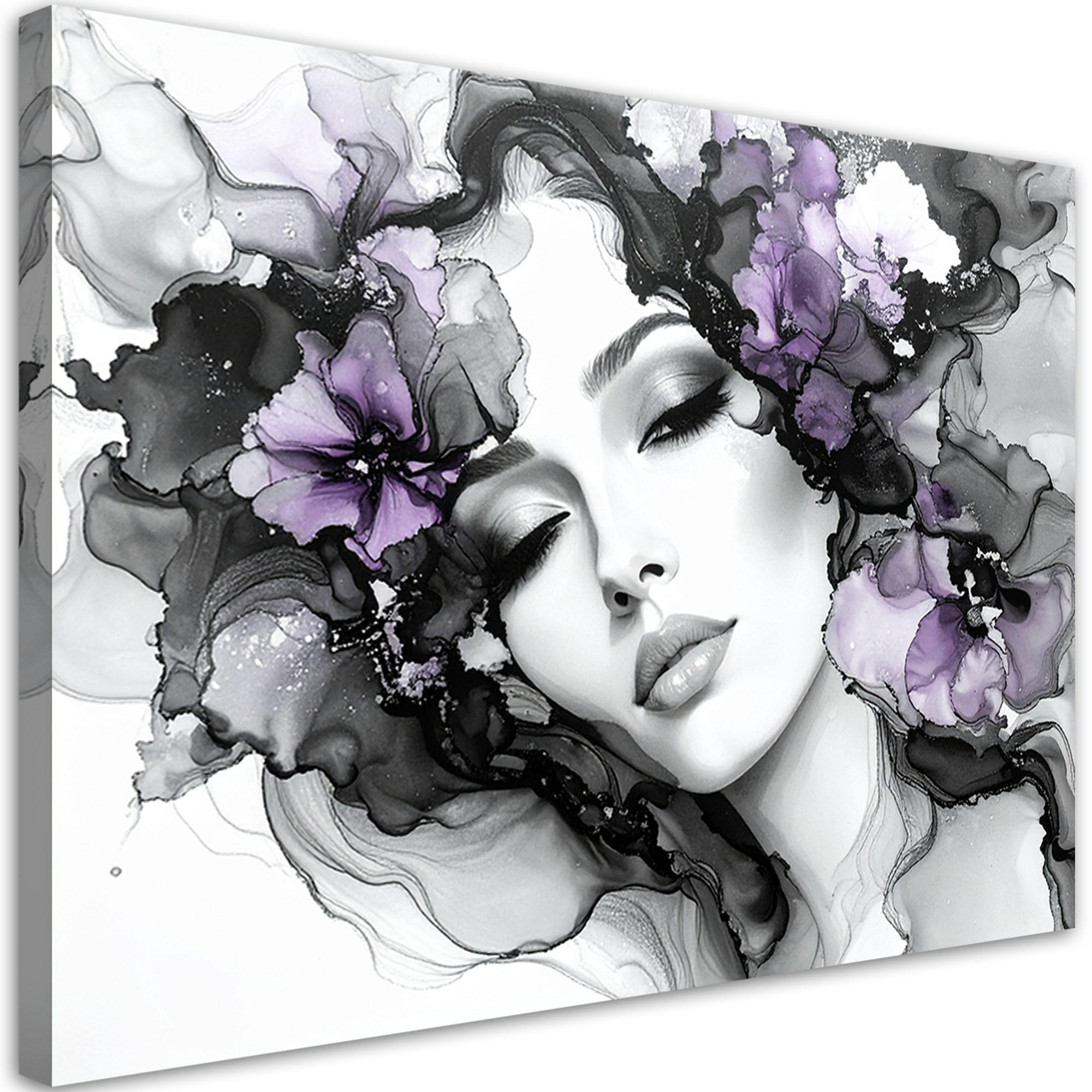 LEINWANDBILD Frau mit violetten Blumen auf dem Kopf 90x60cm - Grau, Textil (90/60cm) - Feeby