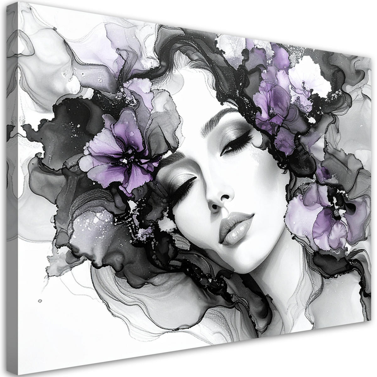 LEINWANDBILD Frau mit violetten Blumen auf dem Kopf 90x60cm - Grau, Textil (90/60cm) - Feeby