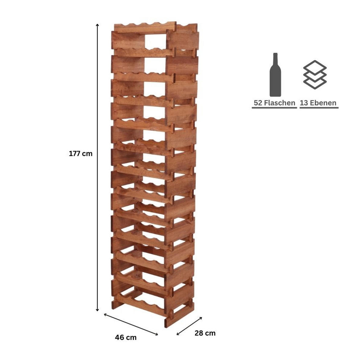 WEINREGAL VINOTECA FLEX PRO HxBxT 177x46x28cm 52 Flaschen auf 13 Ebenen Braun geölt - Braun, Holz (46/177/28cm) - PROREGAL