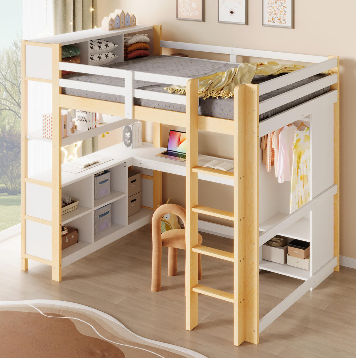 HOCHBETT 140/200 cm aus Kiefernholz mit Schreibtisch, Regalen und Kleiderschrank Natur - Naturfarben, Holz (140/200cm) - Modenvie