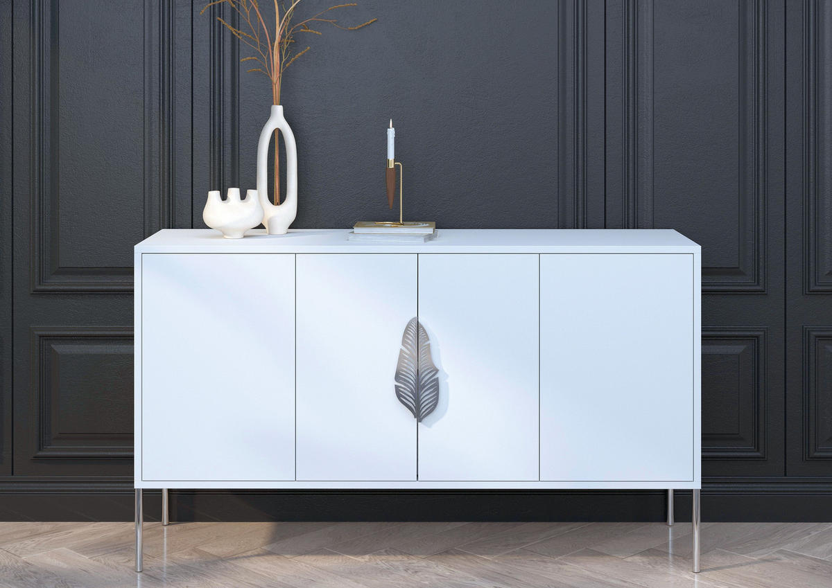 SIDEBOARD Merlin, Weiß, Silberne Details - Silberfarben/Weiß, Holzwerkstoff/Metall (138/79/40cm) - Skandica