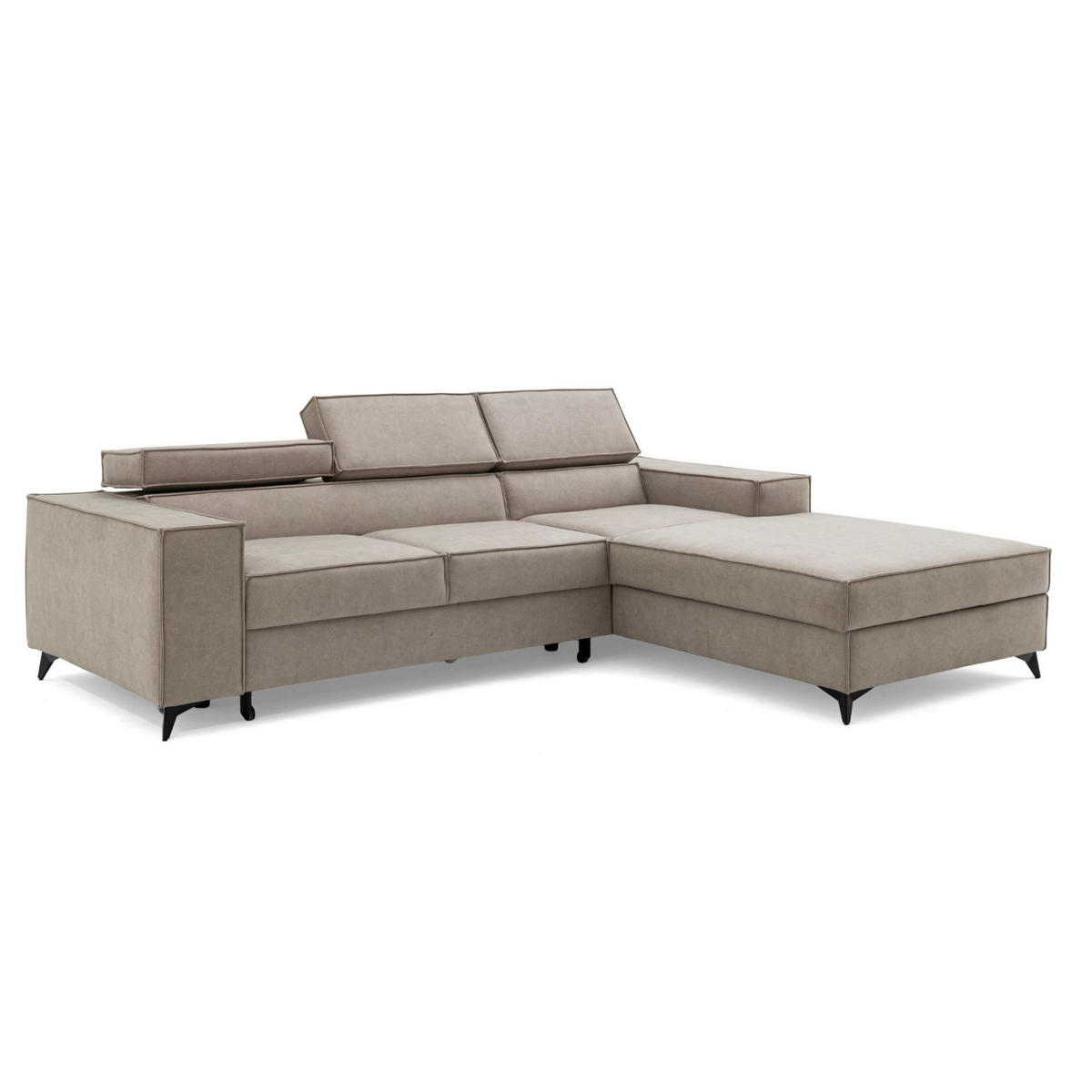 ECKSOFA PURE S Rechts mit Schlaffunktion 127x215 Velours Creme - Creme/Schwarz, Holz/Textil (204/281cm) - Muffo