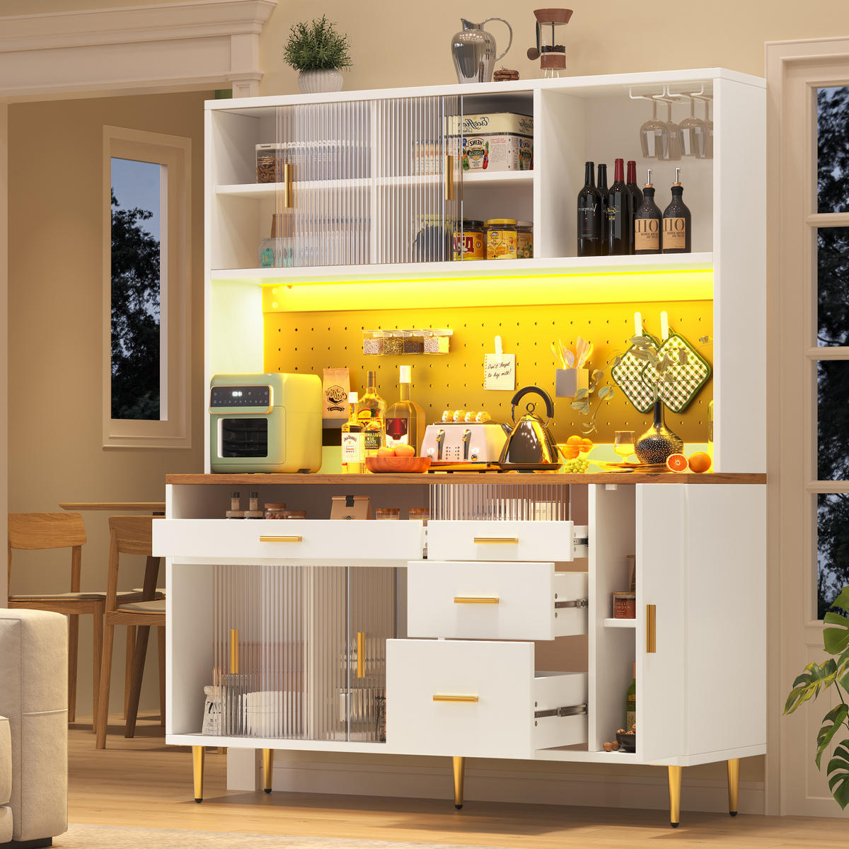 BUFFET 145/39/171 cm weiß aus MDF und Glas mit LED - Weiß, Glas (145/171/24cm) - OKWISH