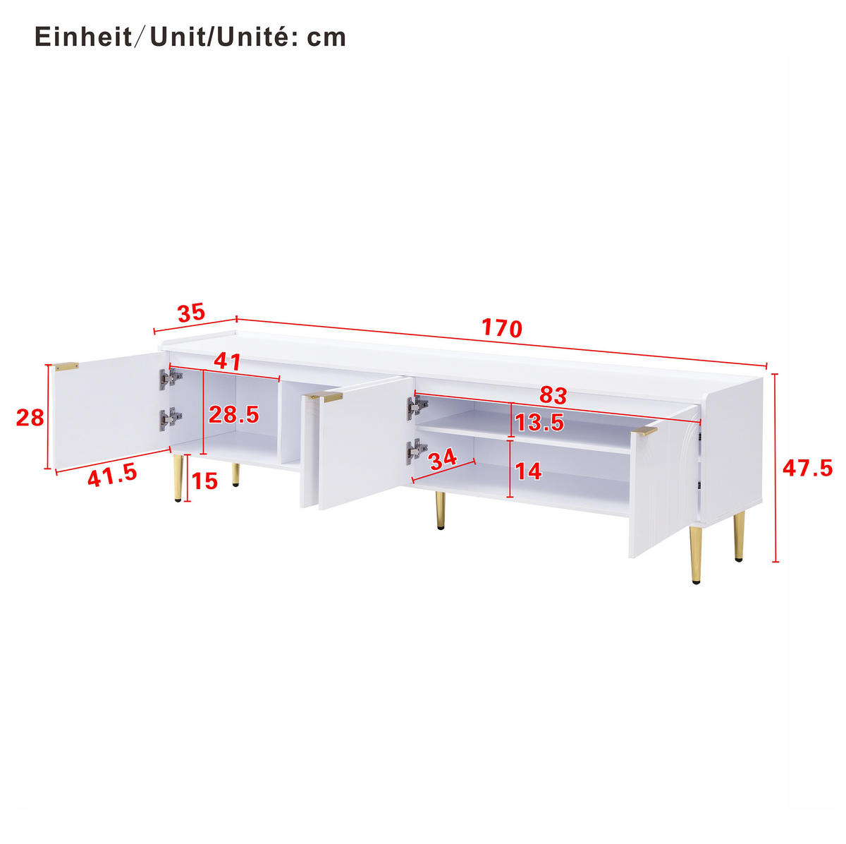 LOWBOARD 170/35/47,5 cm aus MDF mit Kabeldurchführung Weiß - Weiß, Holzwerkstoff (170/47.5/35cm) - Modenvie