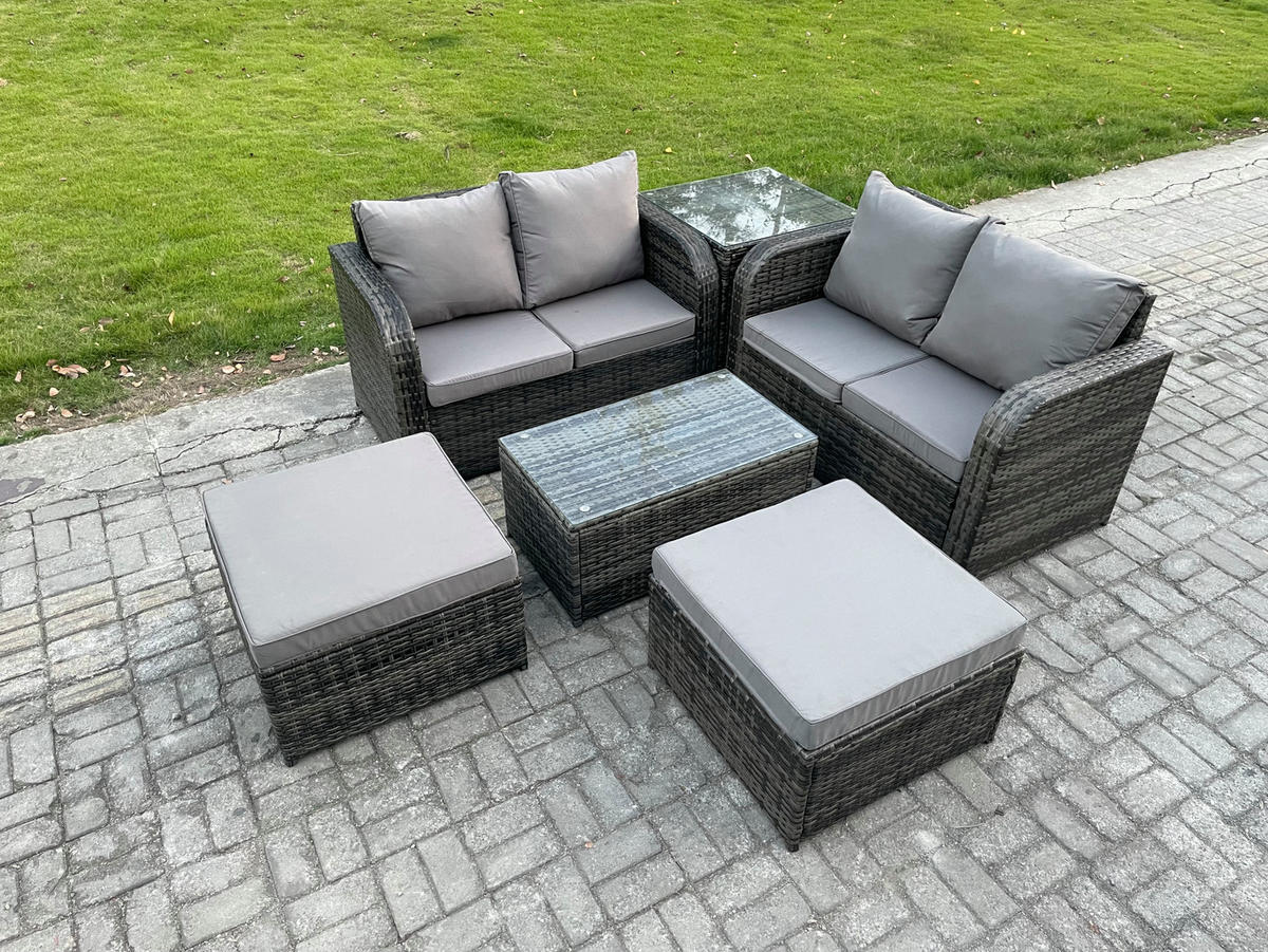 GARTENMÖBELGARNITUR mit KISSEN Polyrattan Dunkelgrau 6-Sitzer - Dunkelgrau/Grau, Glas/Kunststoff - Fimous