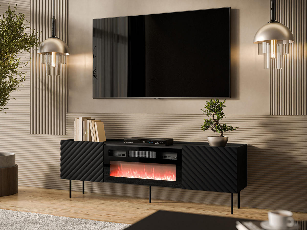 TV-LOWBOARD Lucca 180 2D mit Elektrische Kamin - Schwarz, Holz/Holzwerkstoff (181/59/40cm) - MIRJAN24