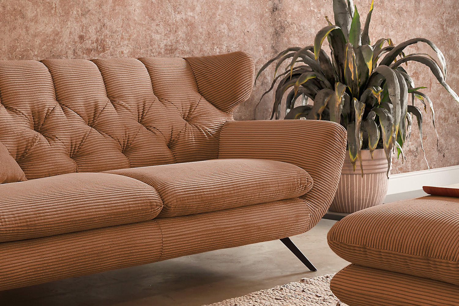 SOFA CHARME Braun Cord - Dunkelbraun/Schwarz, Textil/Metall (175/94/95cm) - KAWOLA
