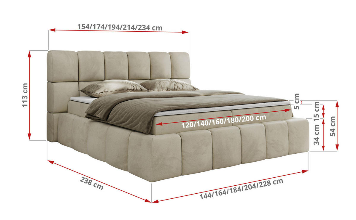 BOXBETT NIRA 120/200 - Beige Velvet - H4 - Beige, Holz/Textil (120/200cm) - MKS