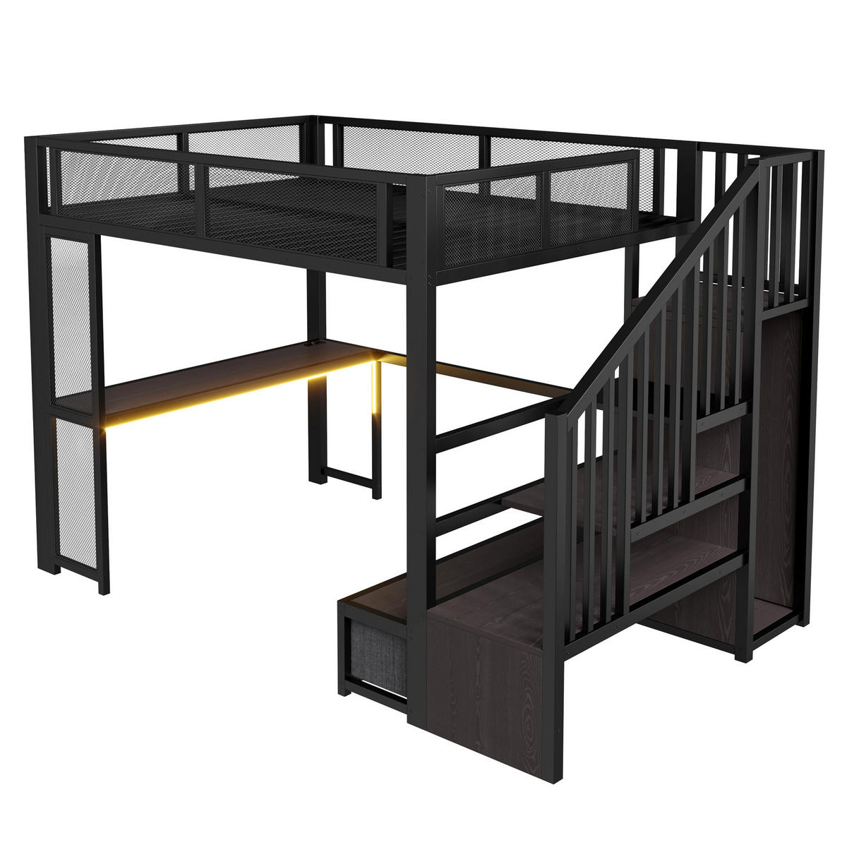 HOCHBETT MDF Metall 140x200 cm Schwarz mit Treppe, Schreibtisch, LED, USB und Stauraum - Schwarz, Holzwerkstoff (140/200cm) - Modfu