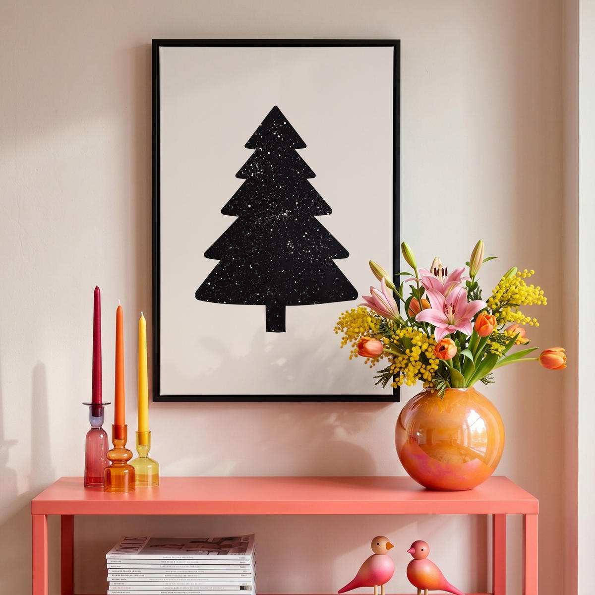 LEINWAND Bilder mit Rahmen - Weihnachtsbaum - Schwarz - Urlaub - Beige - 40x60 - Schwarz, Textil (40/60cm) - MuchoWow
