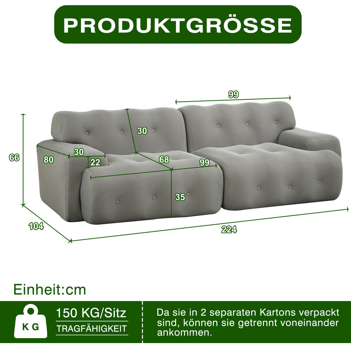 2-SITZER-SOFA aus Stoff 224x104x66 cm Grau montagefrei mit 3D-Strickgewebe, breiten Armlehnen und tiefer Sitzfläche - Grau, Textil (224/66/104cm) - Modfu