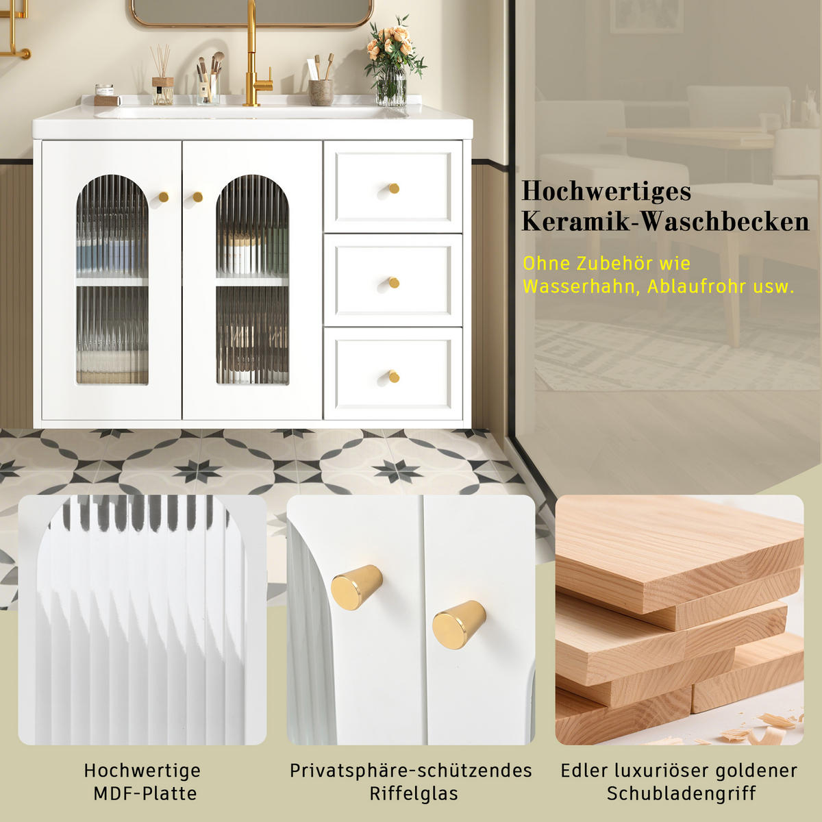 WASCHBECKENUNTERSCHRANK Wandmontierter Badezimmerschrank,Schubladen verstellbare Böden Wellenglas Goldgriffe - Transparent/Weiß, Keramik/Holzwerkstoff (80/58/50cm) - EVRYAE